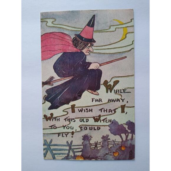 Halloween Postcard Gothic Witch Flying By Pumpkin Patch 204D FA Owen Providence - Picture 5 of 5